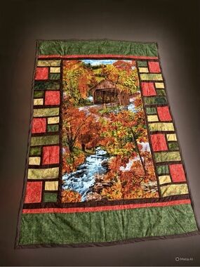 Handmade Autumn Scenic Quilt Throw/Wall hanging with Covered Bridge